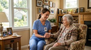 Compassionate nurse in blue scrubs holding an elderly woman's hand in a sunlit Springfield living room with family photos and a peaceful neighborhood view, evoking hospice care and comfort.