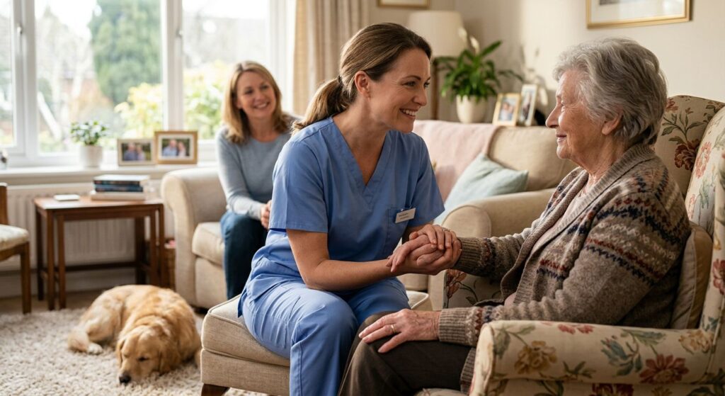 Compassionate nurse in blue scrubs holding elderly patient's hand in sunlit living room with therapy dog nearby
