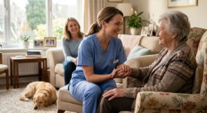 Compassionate nurse in blue scrubs holding elderly patient's hand in sunlit living room with therapy dog nearby