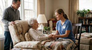 Compassionate hospice nurse holding the hand of an elderly patient in a living room, with a family member nearby, bathed in soft natural light.