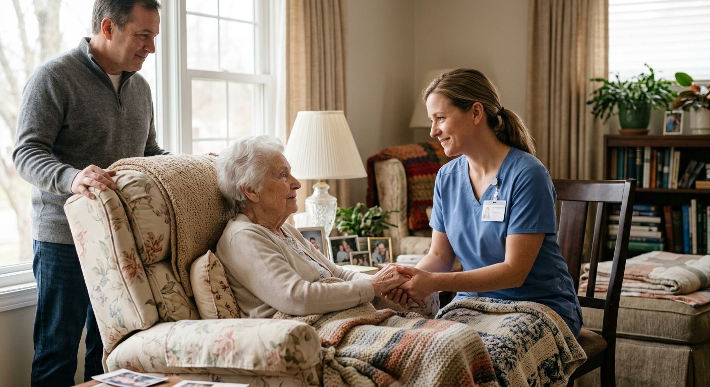 Compassionate hospice nurse holding the hand of an elderly patient in a living room, with a family member nearby, bathed in soft natural light.