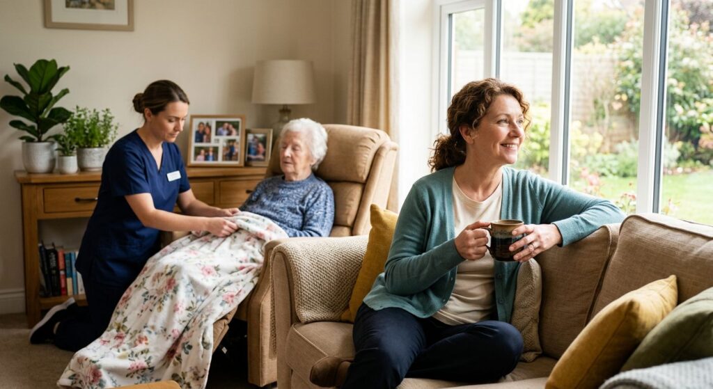 A middle-aged caregiver rests on a couch with coffee while a hospice nurse tends to an elderly patient in a sunlit room.