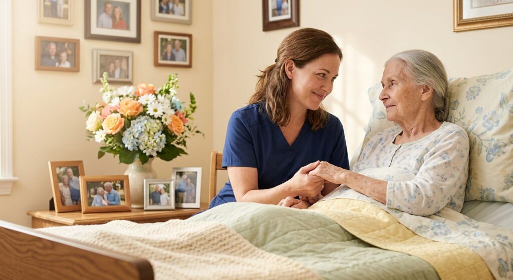 Compassionate hospice nurse holding elderly patient's hand in sunlit bedroom with family photos and flowers