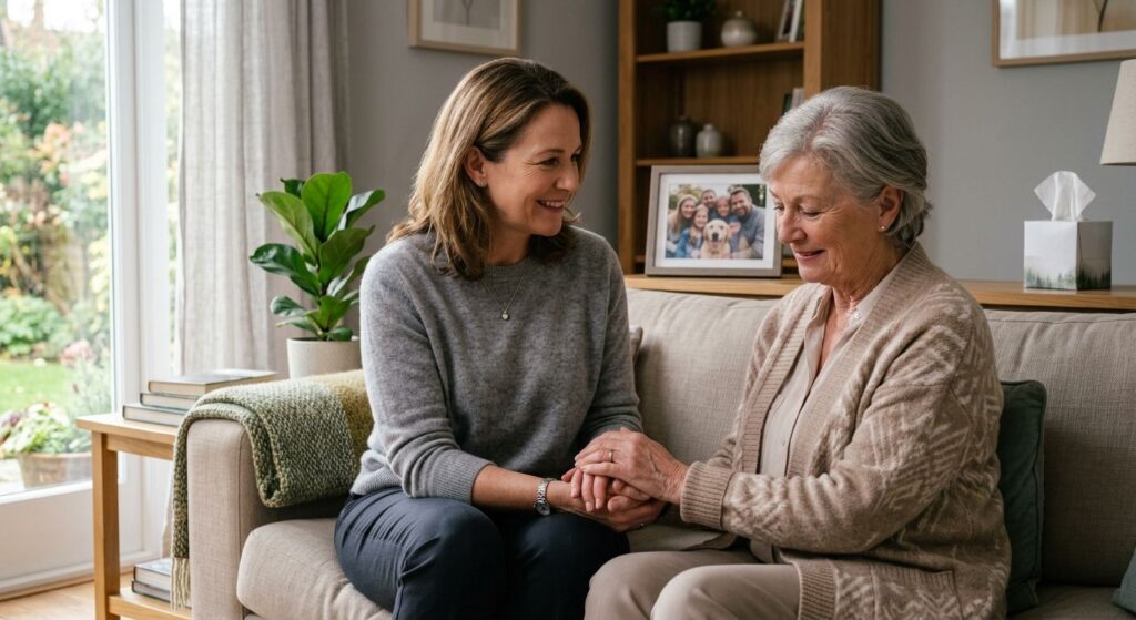 A grief counselor gently holds the hand of a comforted older woman in a warm, sunlit living room with a family photo and tissues nearby, conveying empathy and support.
