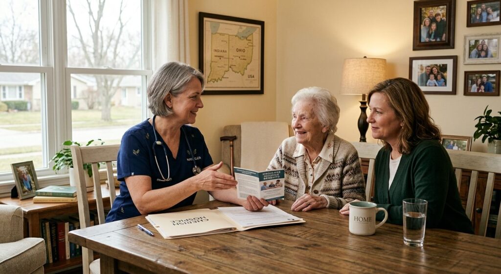 A hospice nurse comforting an elderly patient and family at home while reviewing Medicare eligibility documents.