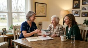 A hospice nurse comforting an elderly patient and family at home while reviewing Medicare eligibility documents.