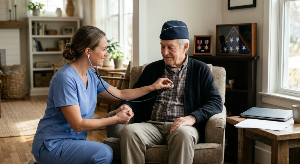 Elderly veteran in navy blue cap receives compassionate hospice care from a nurse in soft blue scrubs during a home visit, with American flag and military medals in the background.