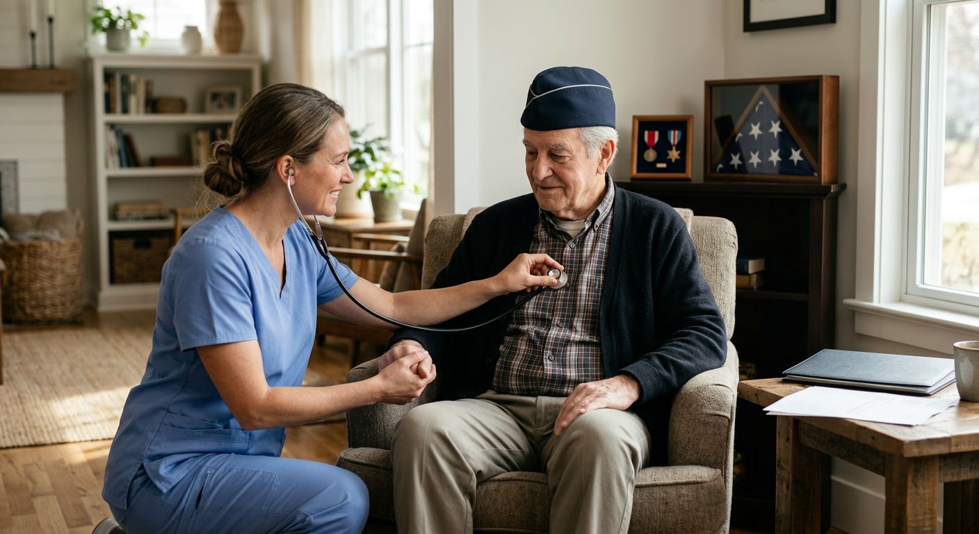 Elderly veteran in navy blue cap receives compassionate hospice care from a nurse in soft blue scrubs during a home visit, with American flag and military medals in the background.