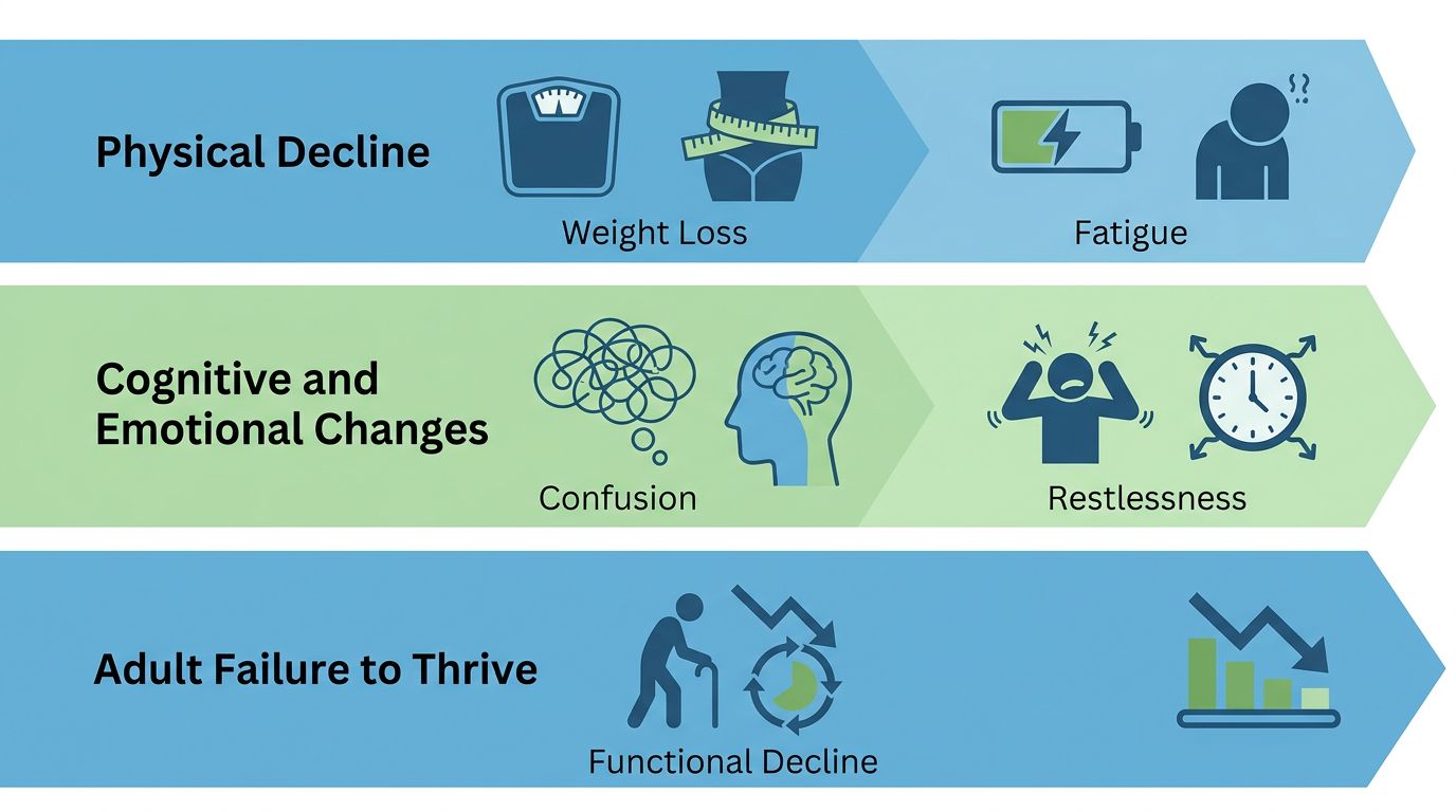 Infographic showing three key clinical signs of hospice readiness: Physical Decline, Cognitive and Emotional Changes, and Adult Failure to Thrive, each with simple icons and labels in soothing blue and green tones.