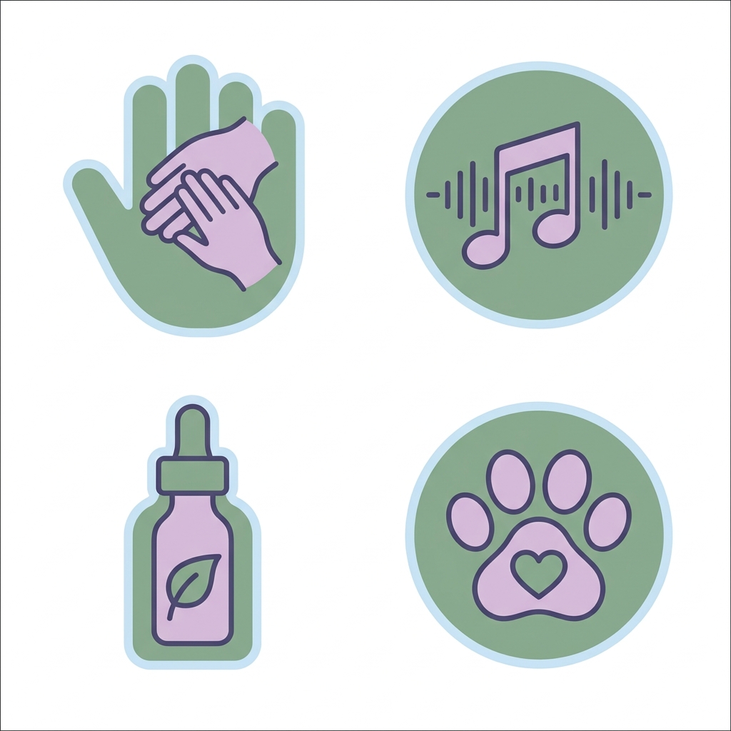 Icon set showing Cherish Touch massage hands, Cherish Sounds musical notes, aromatherapy bottle with leaf, and pet therapy heart paw print arranged in a two-by-two grid with soft pastel colors.