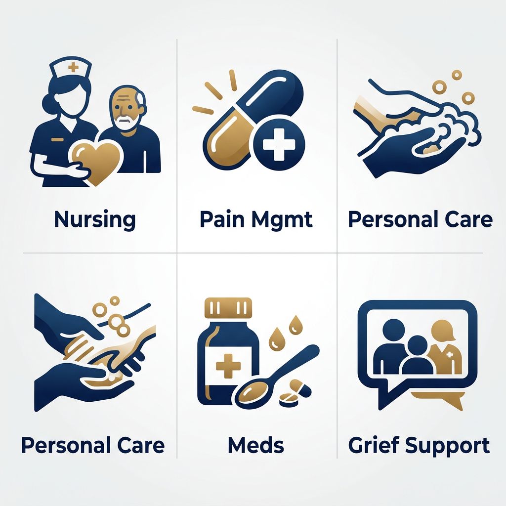 Five flat-style icons representing VA-covered hospice services: skilled nursing, pain management, personal care, medications, and bereavement grief support, each with a short label on a light gray background with navy blue and gold tones.