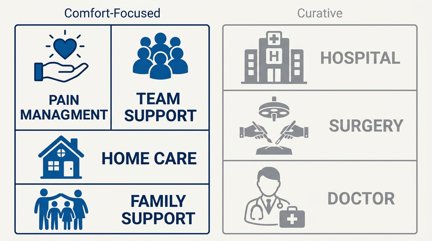 Infographic comparing comfort-focused hospice care with curative care, showing blue icons for pain management, team support, home care, and family support on the left, and gray icons for hospital, surgery, and doctor on the right.