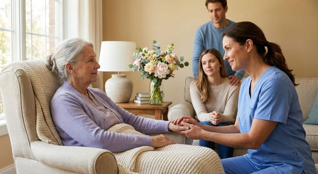 Hospice nurse in soft blue scrubs gently holding an elderly patient's hand in a sunlit living room, with family members nearby and warm throw blankets.