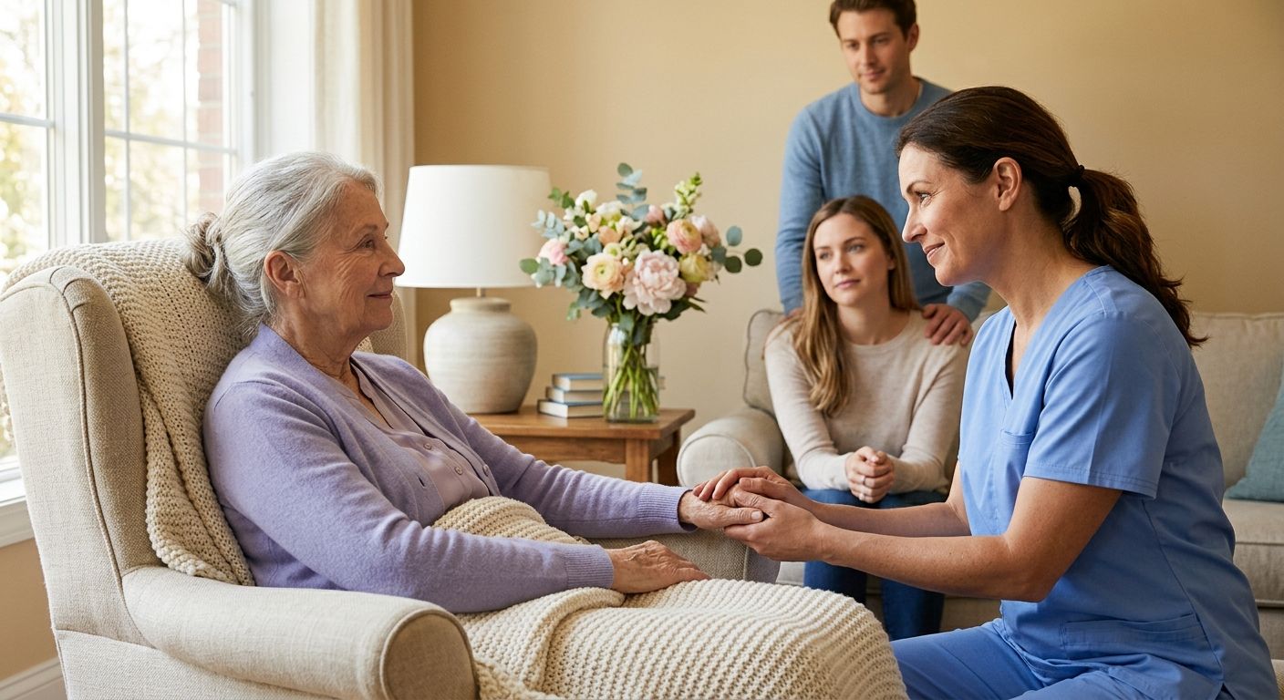 Hospice nurse in soft blue scrubs gently holding an elderly patient's hand in a sunlit living room, with family members nearby and warm throw blankets.
