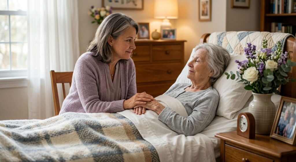 A hospice volunteer sitting beside an elderly patient's bed, holding her hand warmly in a softly lit room with fresh flowers and family photos
