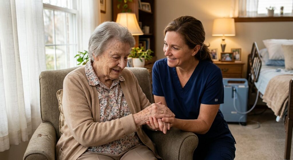 A caregiver gently holding the hand of an elderly patient in a sunlit living room, with medical equipment discreetly in the background.