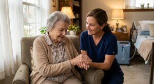 A caregiver gently holding the hand of an elderly patient in a sunlit living room, with medical equipment discreetly in the background.