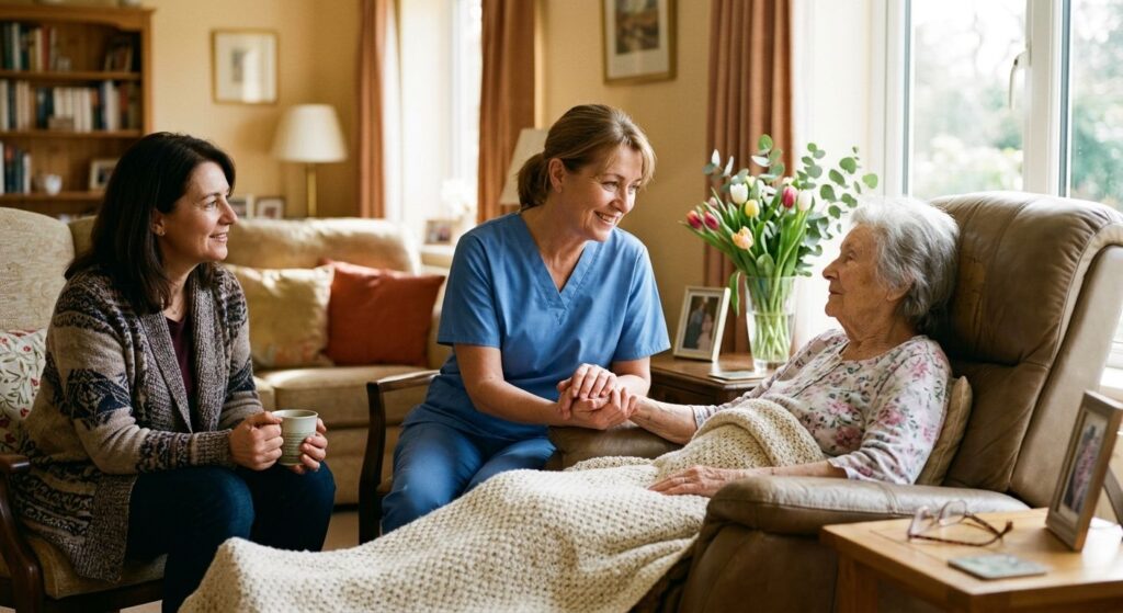 Hospice nurse gently holding the hand of an elderly patient in a sunlit living room while a family member watches reassuringly