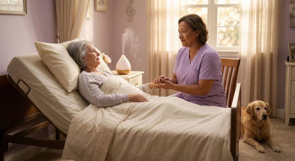 Compassionate caregiver holding hands with a hospice patient while a therapy dog rests nearby in a sunlit room with lavender mist and soft music notes