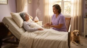 Compassionate caregiver holding hands with a hospice patient while a therapy dog rests nearby in a sunlit room with lavender mist and soft music notes