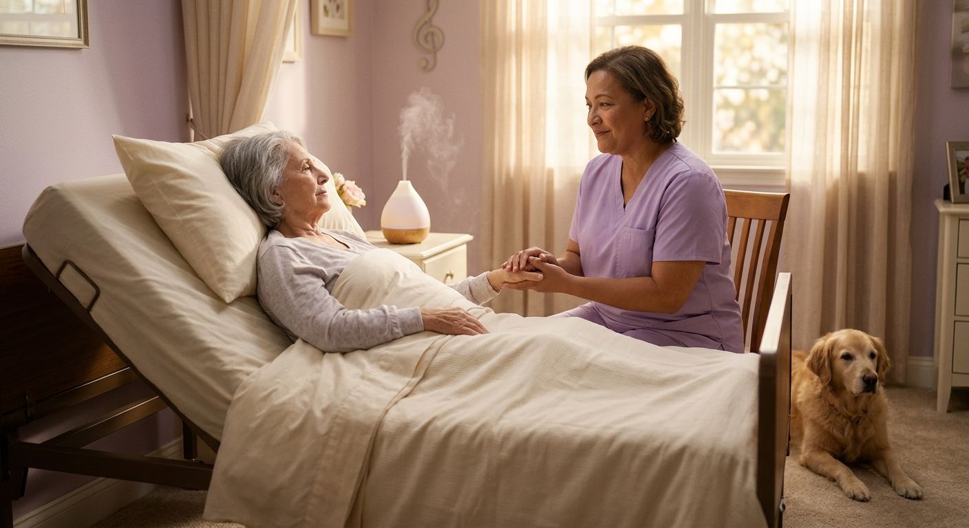 Compassionate caregiver holding hands with a hospice patient while a therapy dog rests nearby in a sunlit room with lavender mist and soft music notes