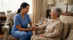 A compassionate hospice nurse in blue scrubs holding hands with an elderly patient in a cozy living room, soft window light creating a serene atmosphere.