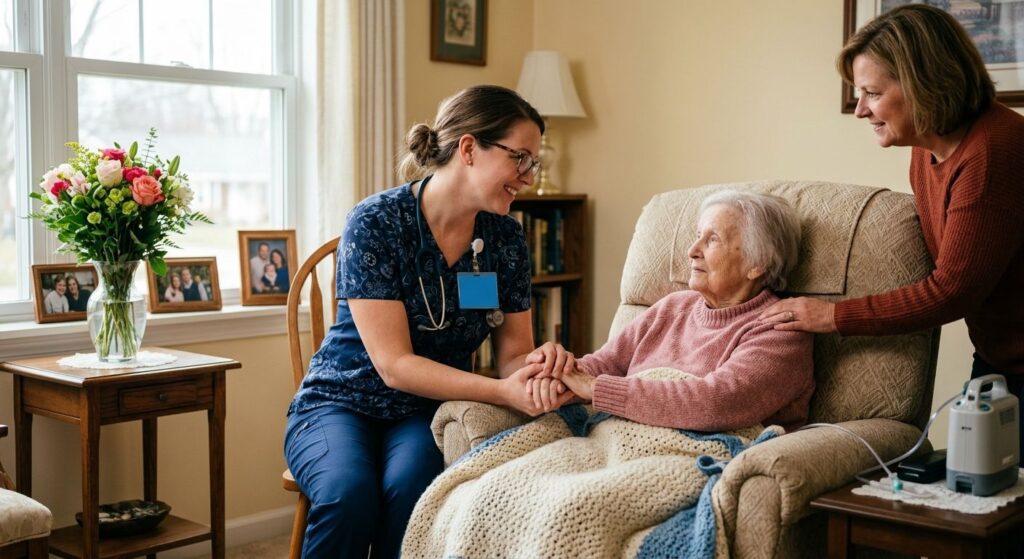 Compassionate hospice nurse holding elderly patient's hand in a warm home setting with family member nearby