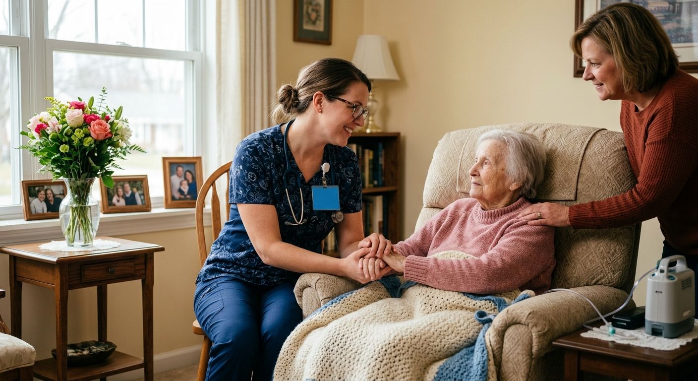 Compassionate hospice nurse holding elderly patient's hand in a warm home setting with family member nearby