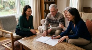 Family reviewing advance care planning documents with a hospice professional in a cozy living room, warm natural light emphasizing trust and calm