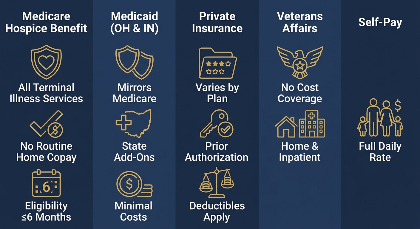 Infographic showing five columns of hospice payment sources: Medicare Hospice Benefit, Medicaid for Ohio and Indiana, Private Insurance, Veterans Affairs, and Self-Pay, each with icon-based features listed.