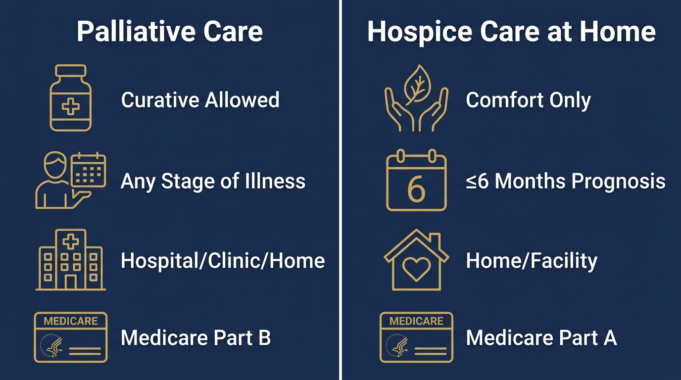 Infographic comparing Palliative Care and Hospice Care at Home with four items each, showing differences in treatment goals and eligibility.