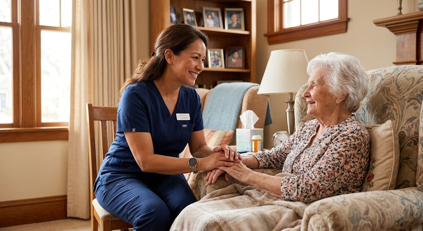 Compassionate hospice nurse holding an elderly patient's hand in a cozy living room with soft natural light