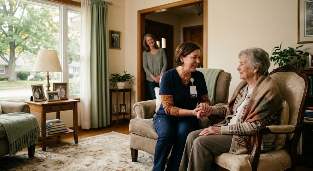 Compassionate female nurse holding an elderly woman's hand in a sunlit Ohio living room while a family member watches from the doorway