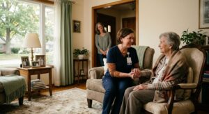 Compassionate female nurse holding an elderly woman's hand in a sunlit Ohio living room while a family member watches from the doorway