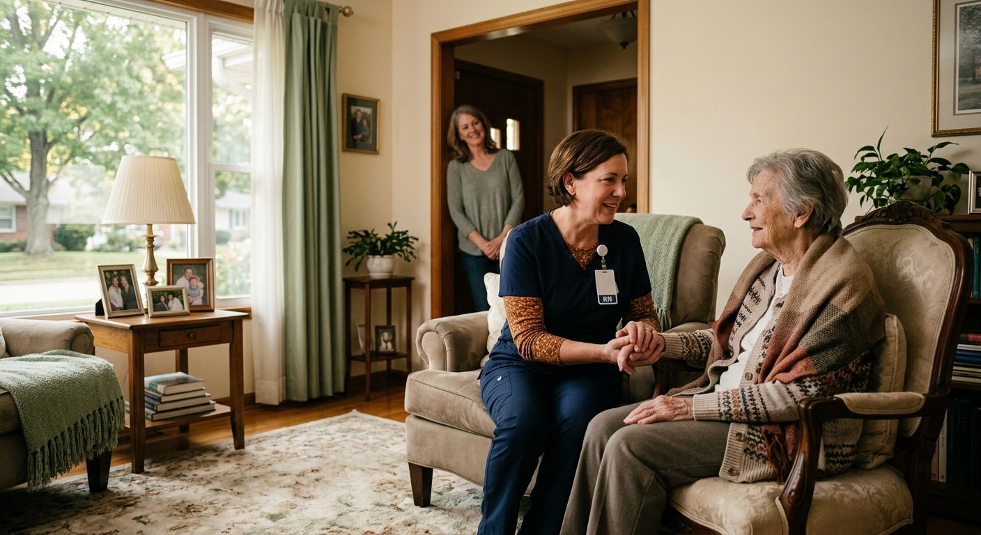 Compassionate female nurse holding an elderly woman's hand in a sunlit Ohio living room while a family member watches from the doorway