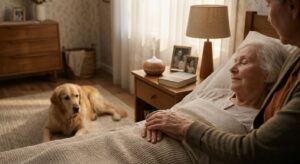 Elderly patient resting in a cozy bedroom with a caregiver's hand on theirs, a therapy dog beside the bed, and an aromatherapy diffuser in a sunlit room with personal items and family photos.