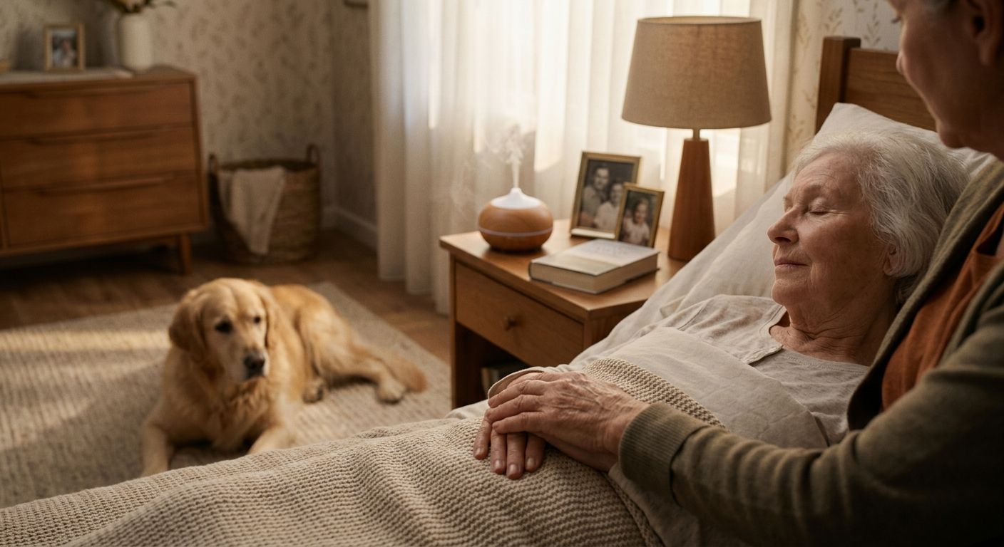 Elderly patient resting in a cozy bedroom with a caregiver's hand on theirs, a therapy dog beside the bed, and an aromatherapy diffuser in a sunlit room with personal items and family photos.