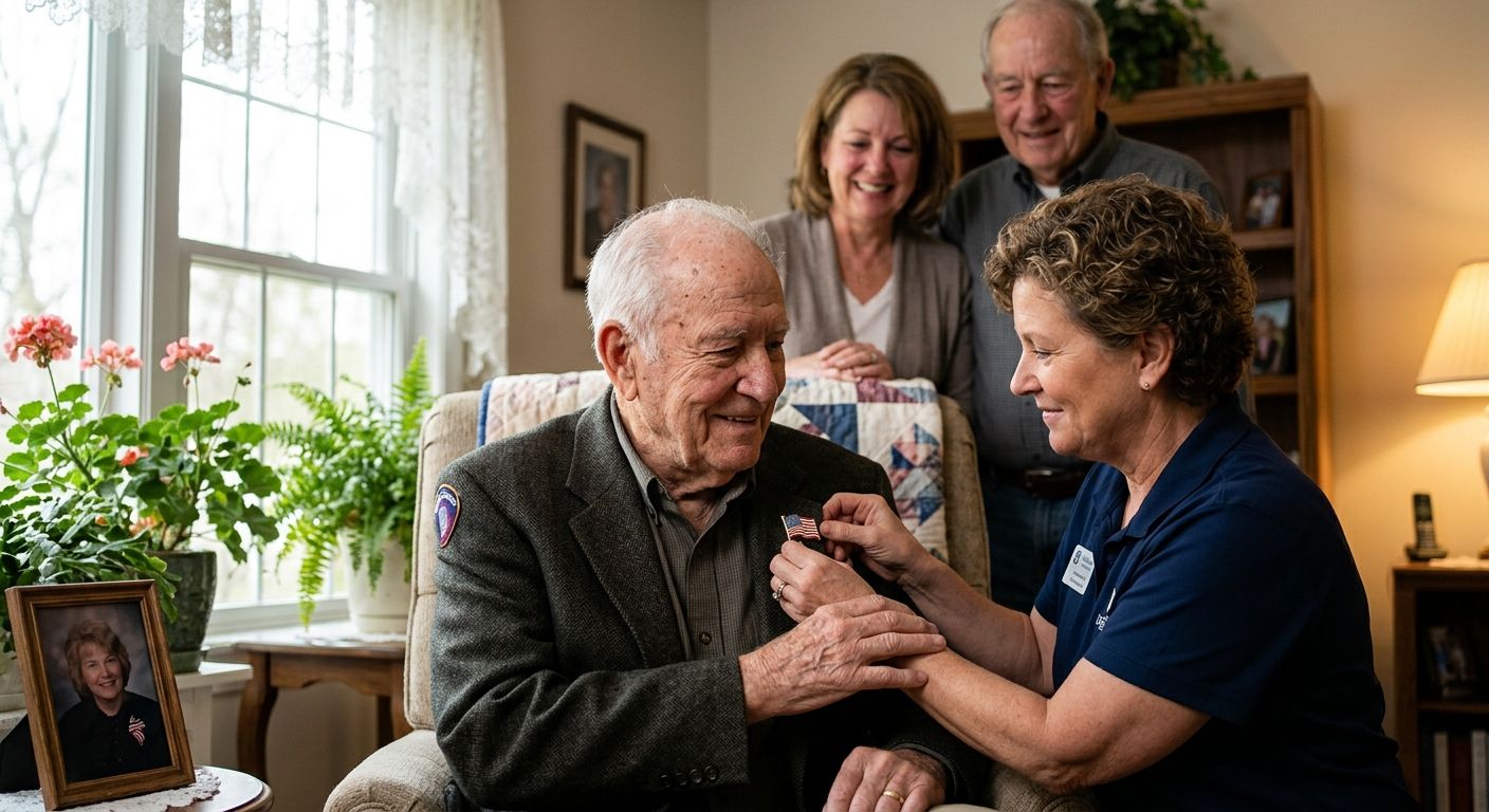 A hospice staff member pins a patriotic pin on a veteran's lapel in a warmly lit room, with family members watching respectfully.