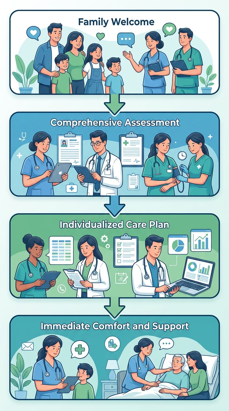 Vertical process flow showing four stages of Cherish Hospice's arrival assessment: Family Welcome, Assessment, Care Plan, and Comfort and Support, with arrow connectors and calming blue and green tones.