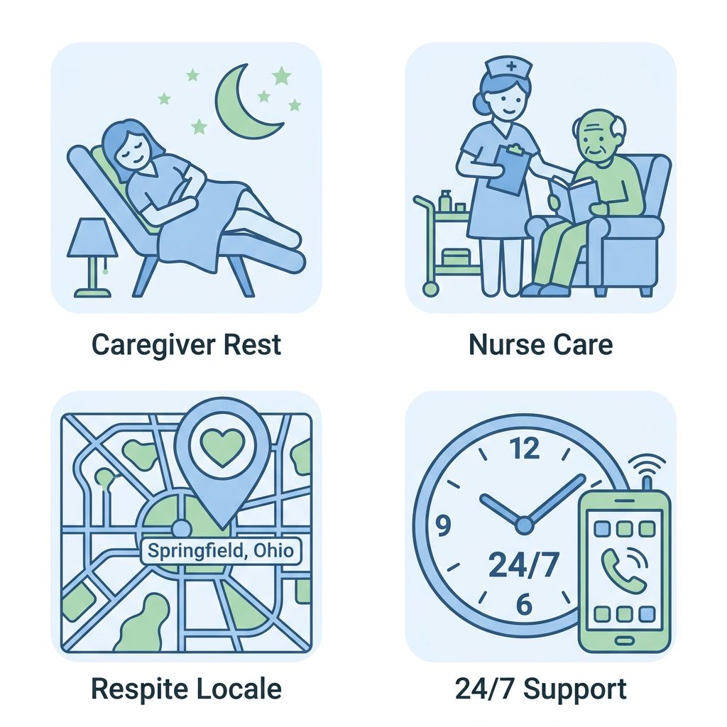 Respite care icon set including caregiver rest, patient care, location pin, and 24/7 support