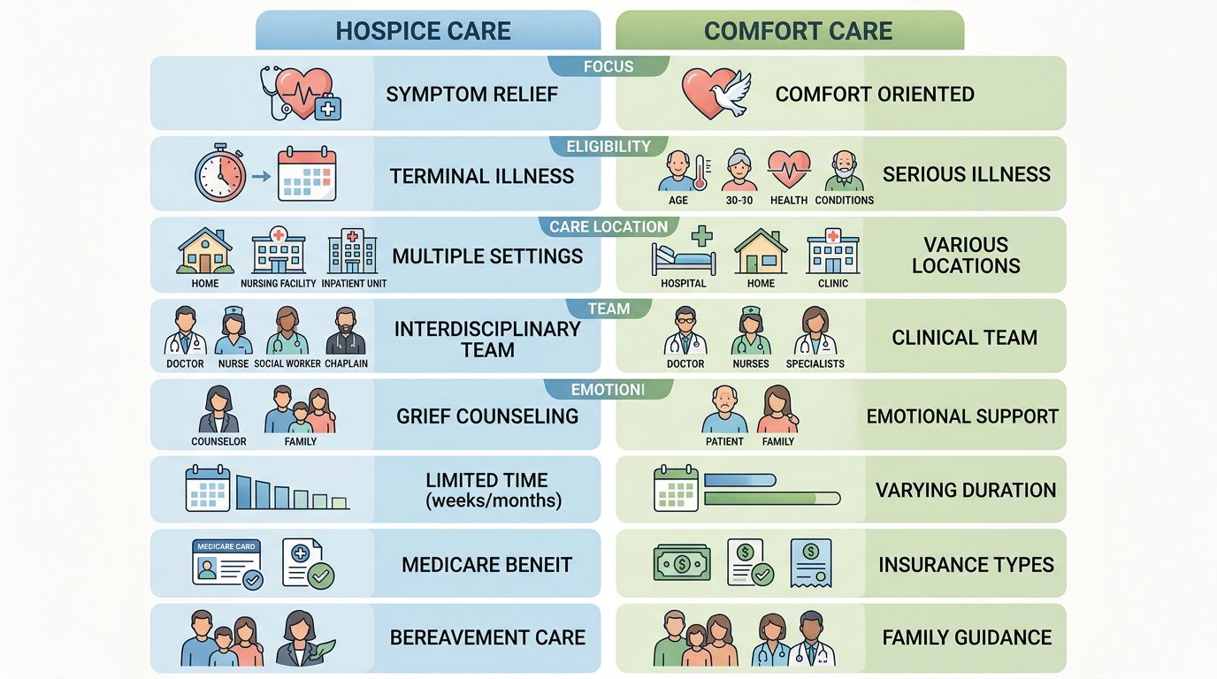 Side-by-side infographic comparing hospice and comfort care across eight dimensions including focus, eligibility, care location, and family support, with color-coded columns in blue and green and small icons for each row.
