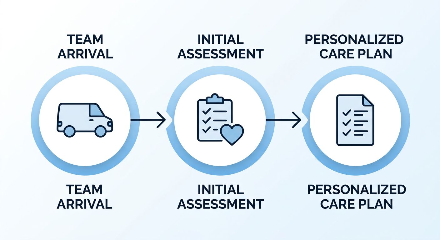 Three-step horizontal process flow showing respite care team arrival steps: team arrival, initial assessment, and personalized care plan, with soft blue icons and connecting arrows on white background.