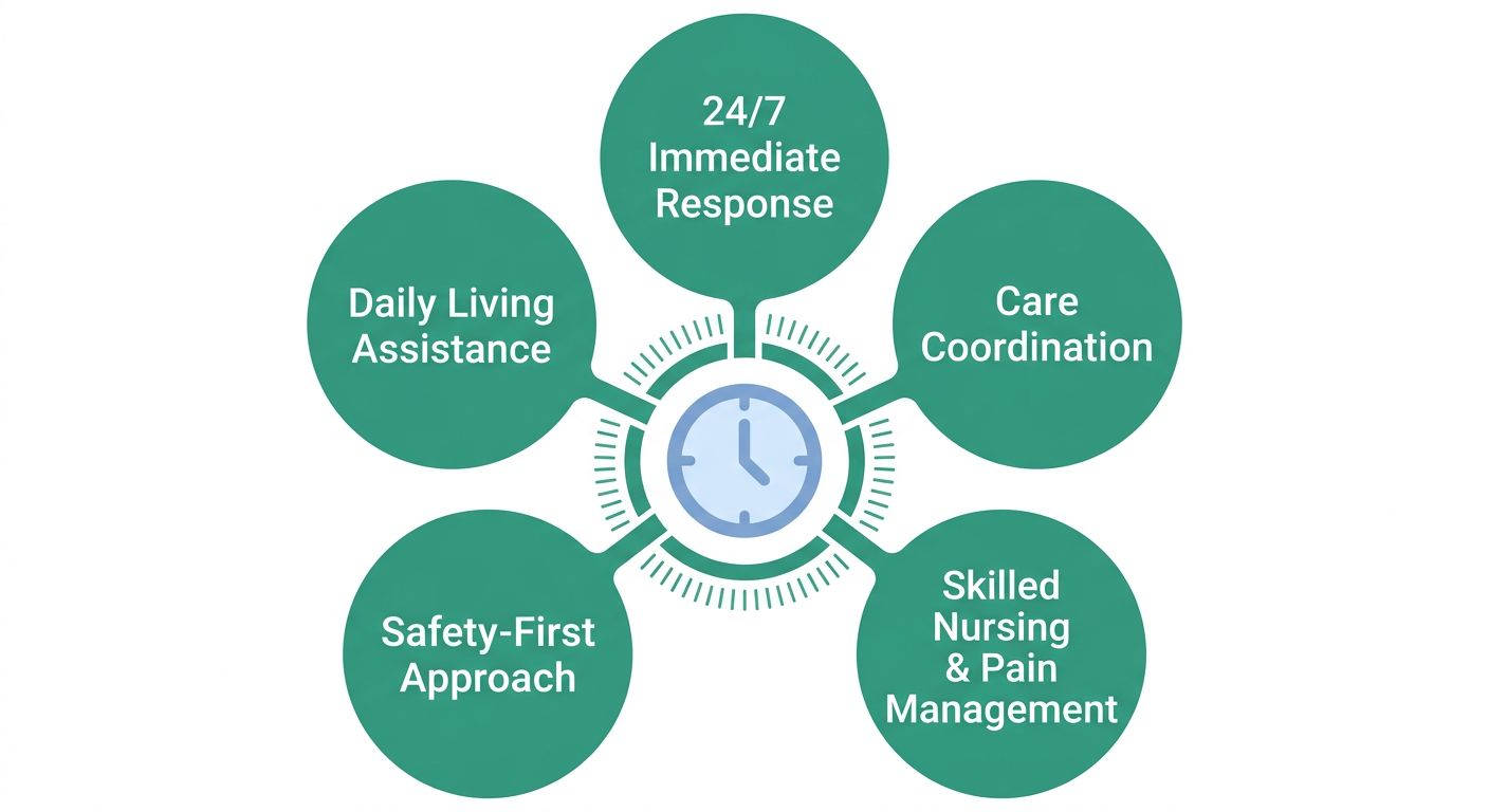 Warm infographic showing Cherish Hospice's 24/7 commitment with central clock icon and five radiating service bubbles for safety-first, skilled nursing, daily living assistance, and care coordination in soft blue and green tones.