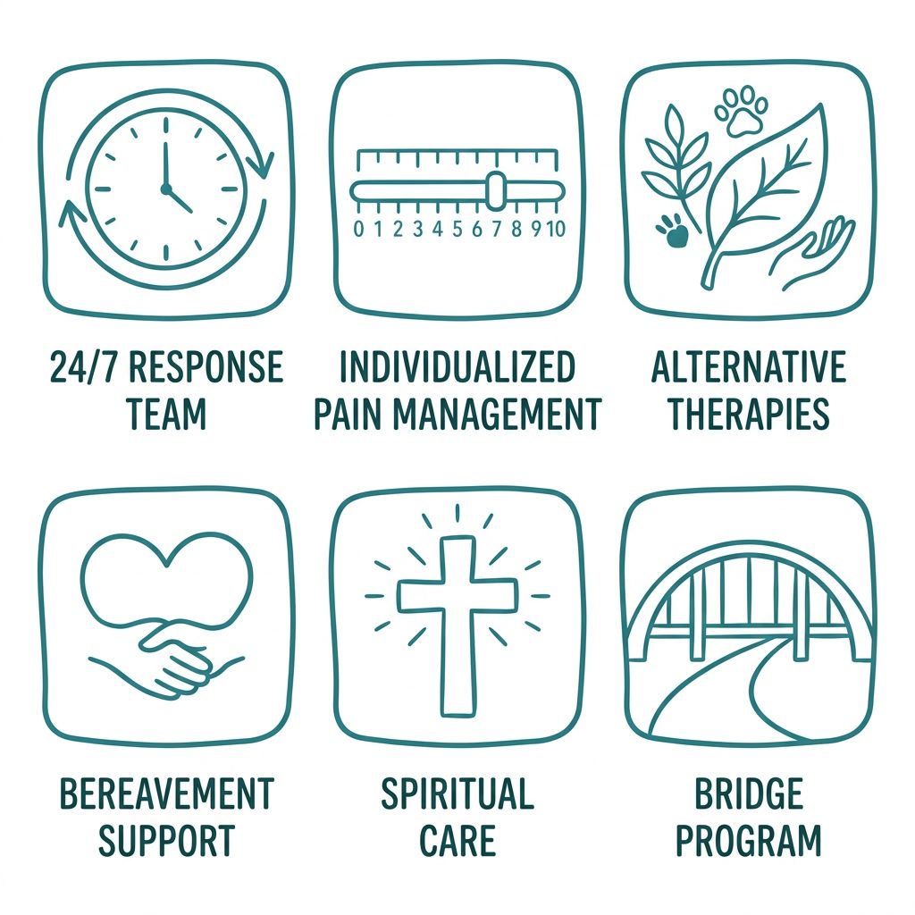 A 2x3 grid of six outline icons representing Cherish Hospice services: clock for 24/7 response, pain scale for pain management, leaf for alternative therapies, heart for bereavement support, cross for spiritual care, and bridge for the Bridge Program, each with a short label on a white background.
