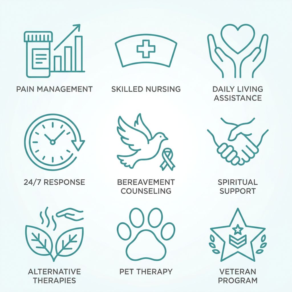Grid of nine simple line icons for key hospice services including pain management, skilled nursing, daily living assistance, 24/7 response, bereavement counseling, spiritual support, alternative therapies, pet therapy, and veteran program
