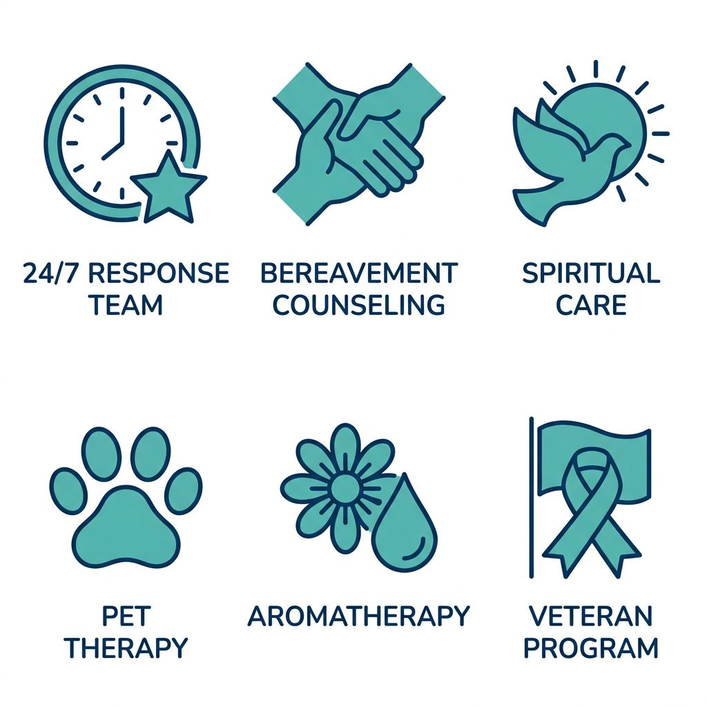 Icon grid showing six support services for Cherish Hospice in the Kokomo area including 24/7 response team, bereavement counseling, spiritual care, pet therapy, aromatherapy, and veteran program