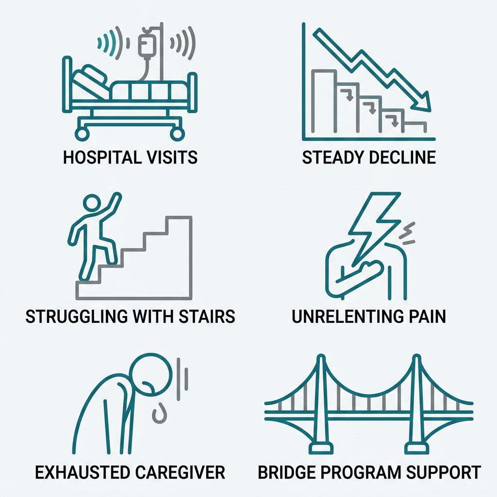Six icons arranged in a grid: hospital bed, downward graph, stairs, lightning bolt, exhausted person, and a bridge, each labeled with a warning sign for hospice care need, in teal and gray outline style.